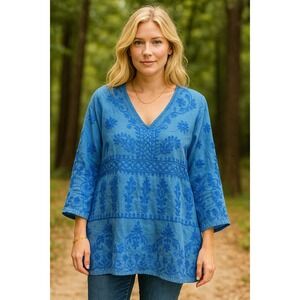 Amaya Tunic Top Womens XL Blue‎ All Over Embroidery Cotton Lightweight V Neck